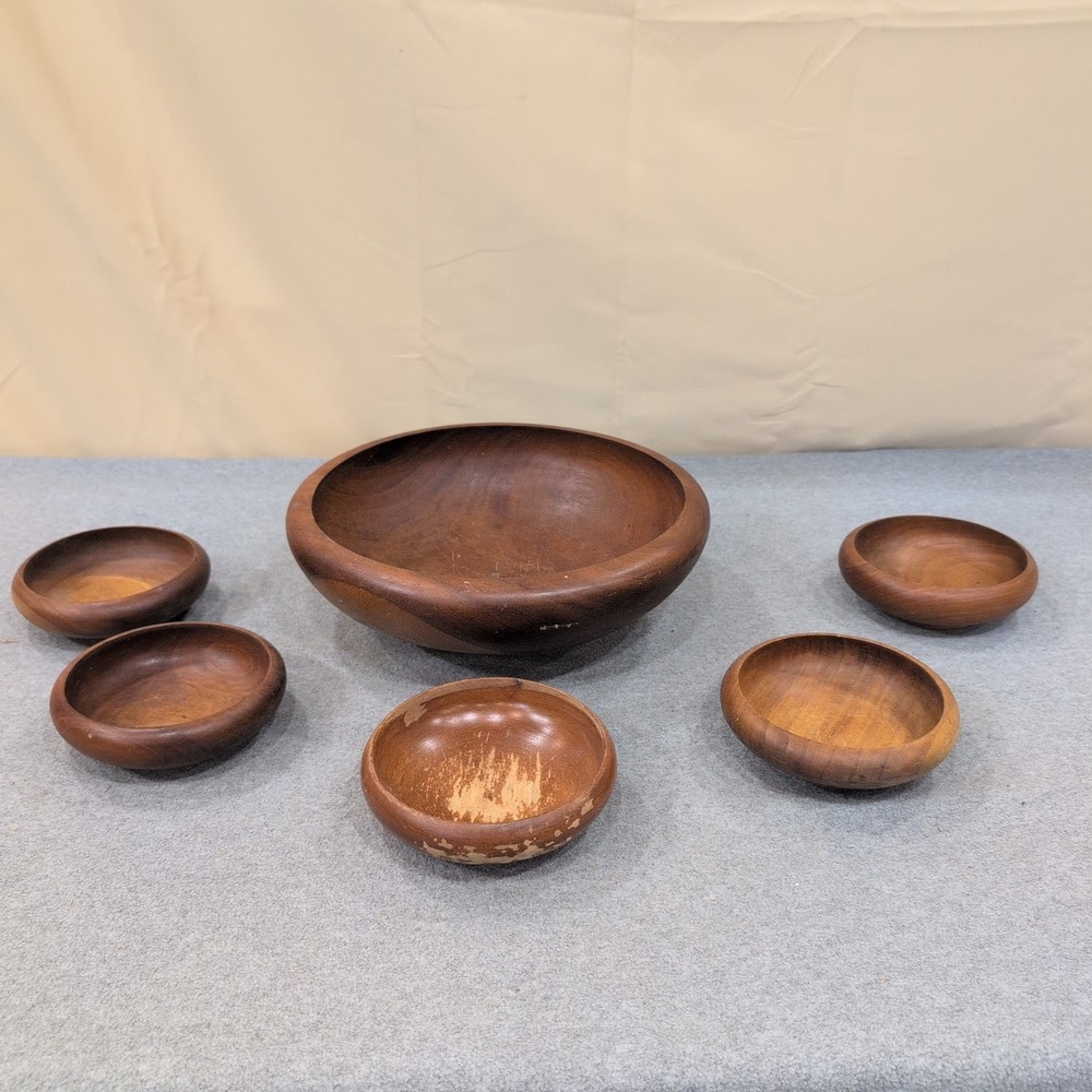 Vintage Mid Century Modern Solid Wood Salad Bowl Set 6 Piece Brown MCM